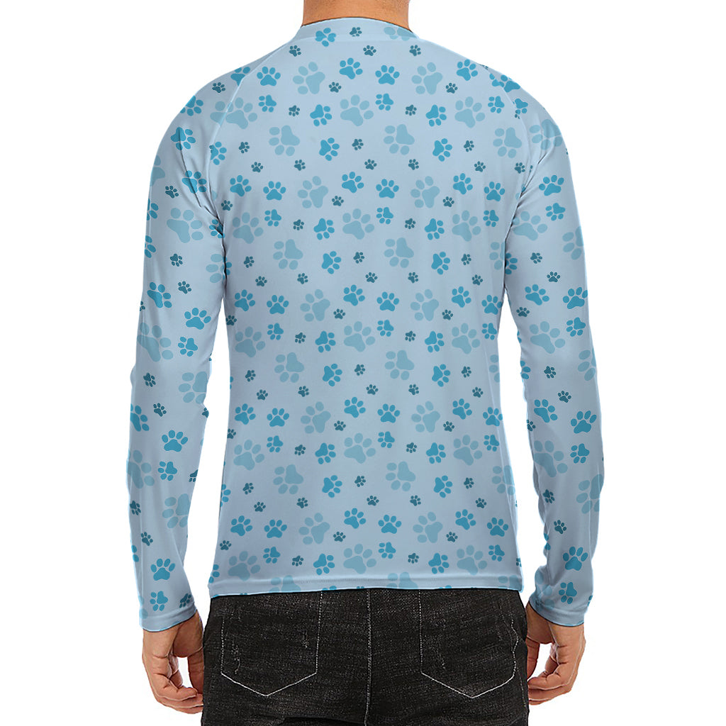 Blue Animal Paw Pattern Print Men's Long Sleeve Rash Guard