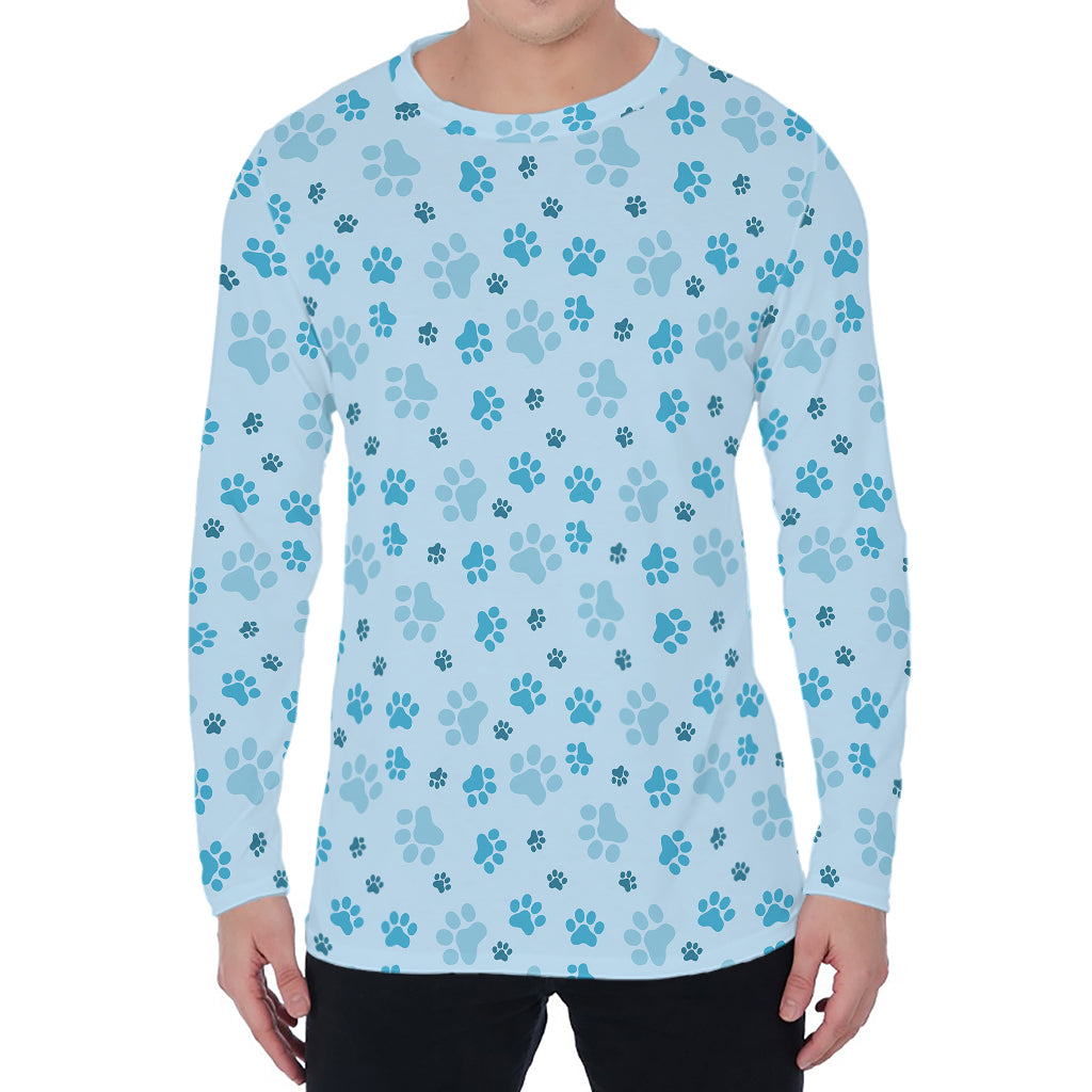 Blue Animal Paw Pattern Print Men's Long Sleeve T-Shirt