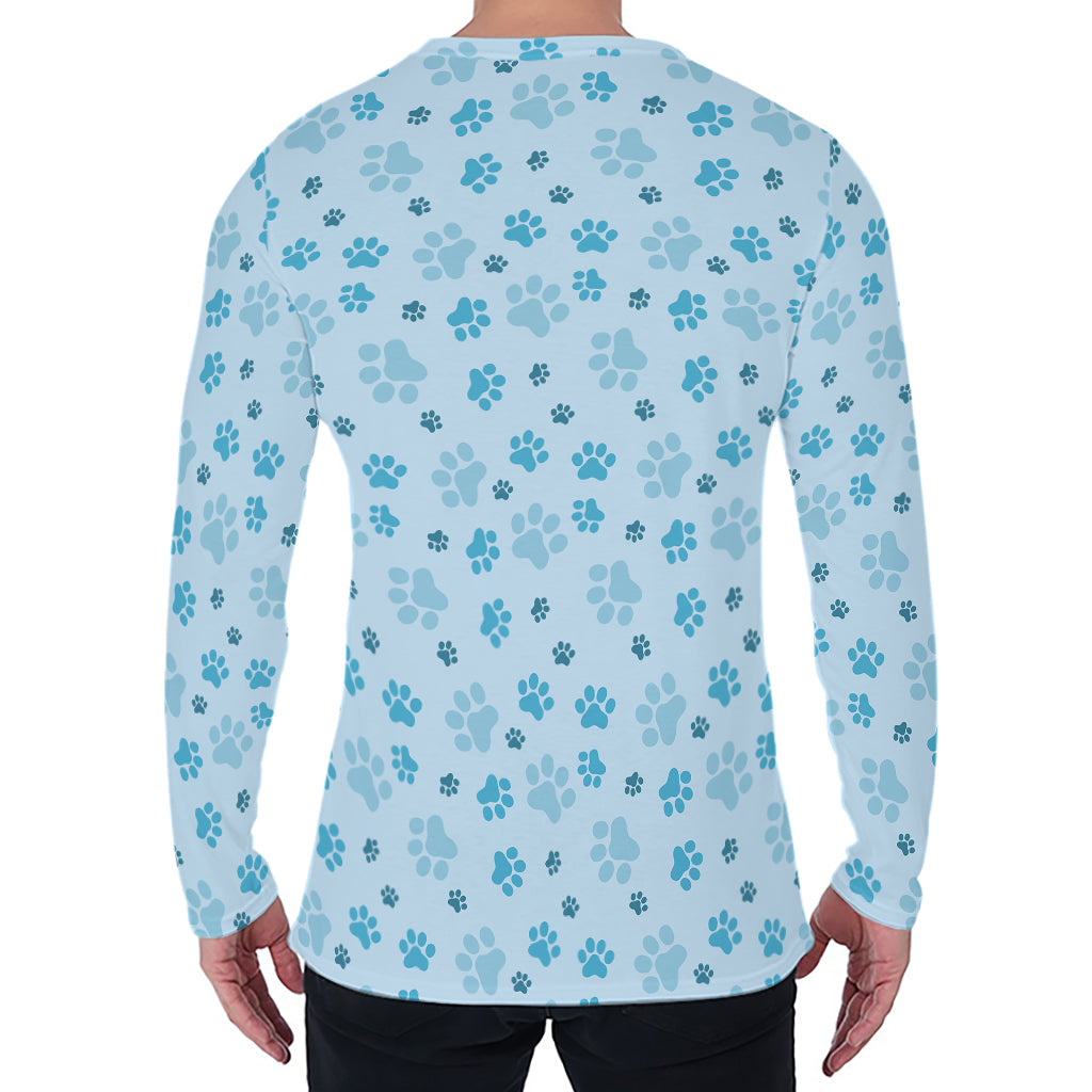 Blue Animal Paw Pattern Print Men's Long Sleeve T-Shirt