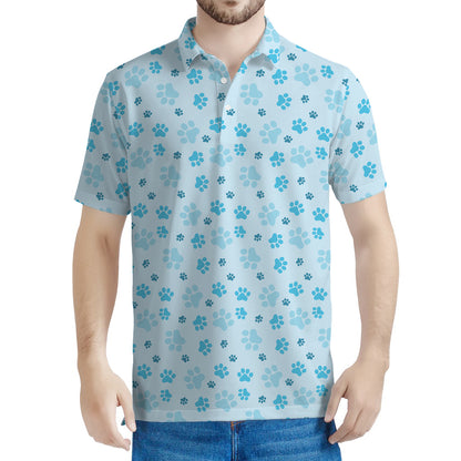 Blue Animal Paw Pattern Print Men's Polo Shirt