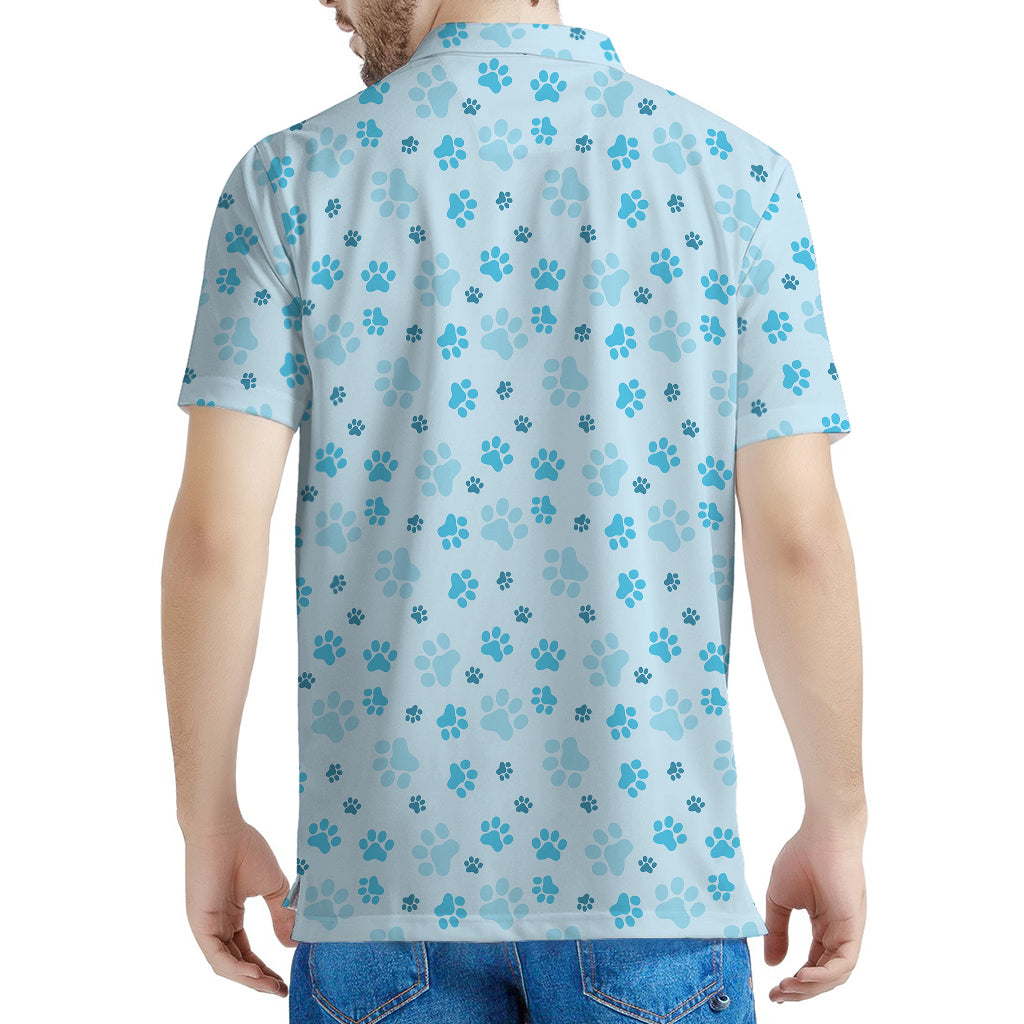 Blue Animal Paw Pattern Print Men's Polo Shirt