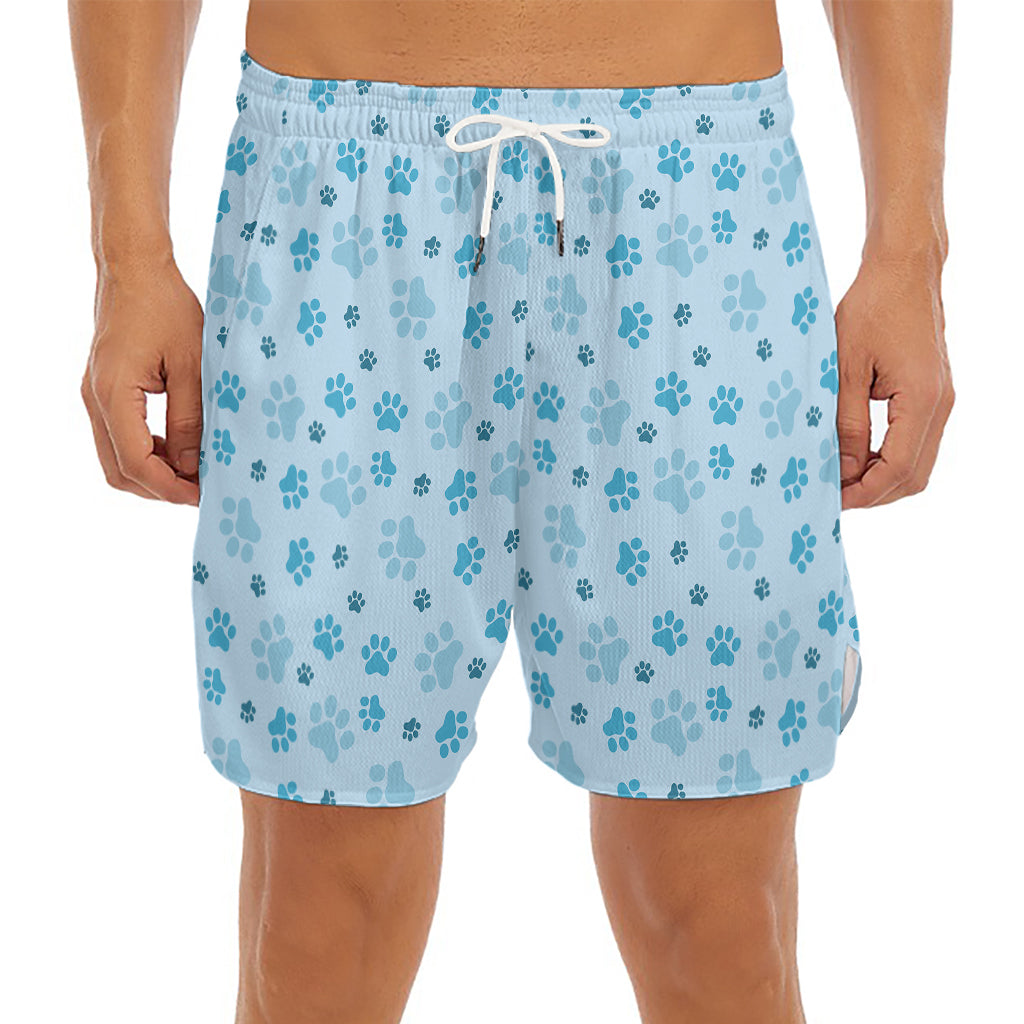 Blue Animal Paw Pattern Print Men's Split Running Shorts