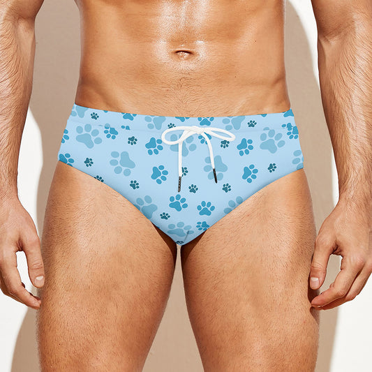 Blue Animal Paw Pattern Print Men's Swim Briefs