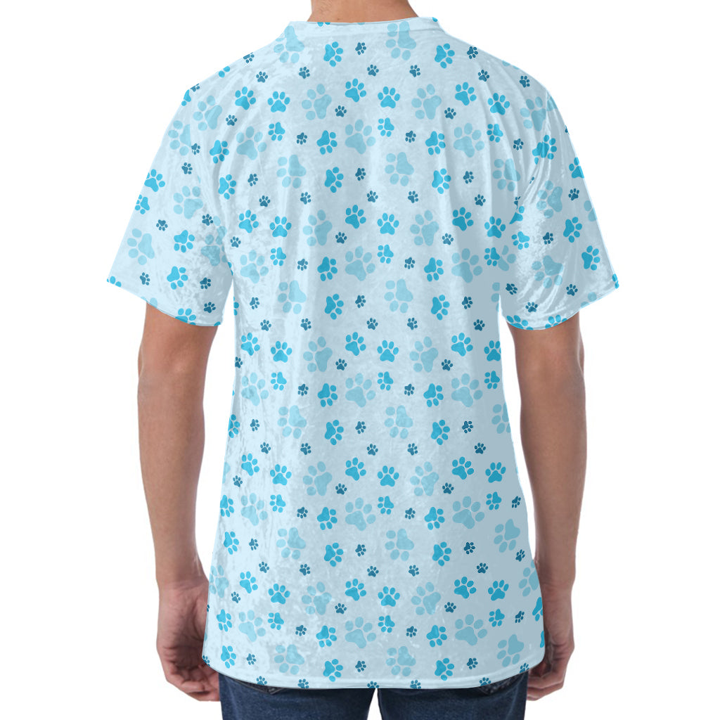 Blue Animal Paw Pattern Print Men's Velvet T-Shirt