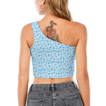 Blue Animal Paw Pattern Print One Shoulder Crop Top