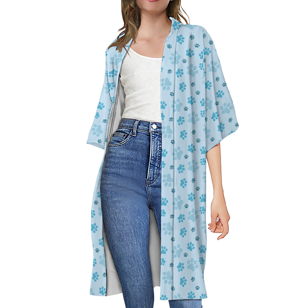 Blue Animal Paw Pattern Print Open Front Beach Cover Up