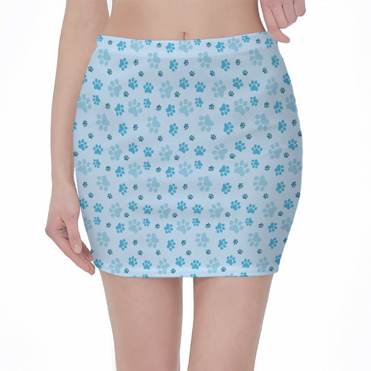 Blue Animal Paw Pattern Print Pencil Mini Skirt