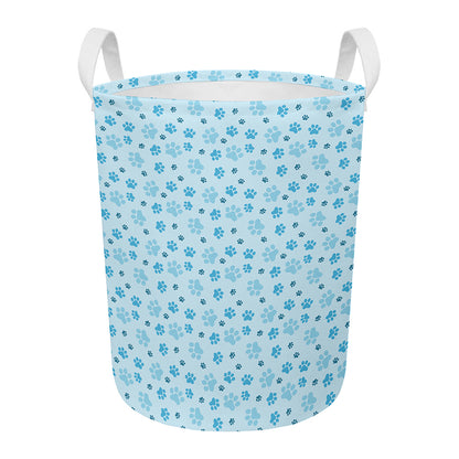 Blue Animal Paw Pattern Print Round Laundry Basket