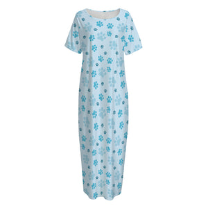 Blue Animal Paw Pattern Print Short Sleeve Long Nightdress