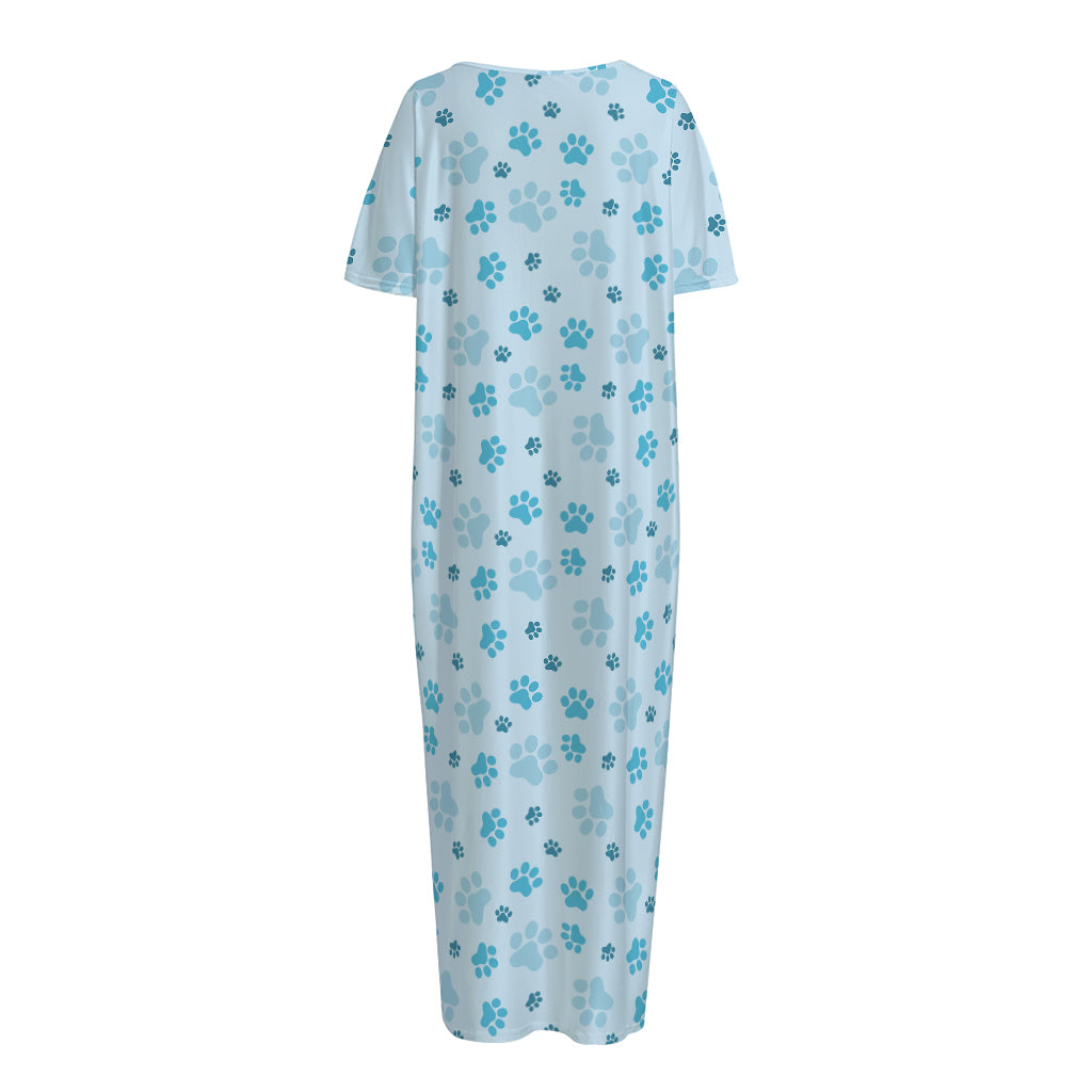 Blue Animal Paw Pattern Print Short Sleeve Long Nightdress