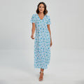 Blue Animal Paw Pattern Print Short Sleeve Maxi Dress