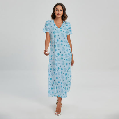 Blue Animal Paw Pattern Print Short Sleeve Maxi Dress