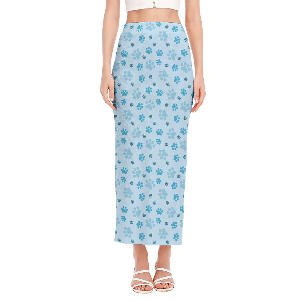 Blue Animal Paw Pattern Print Side Slit Maxi Skirt