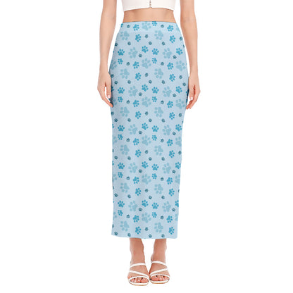 Blue Animal Paw Pattern Print Side Slit Maxi Skirt