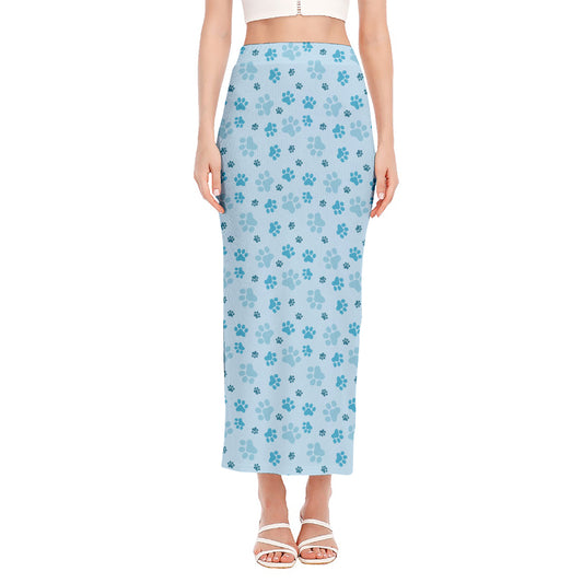 Blue Animal Paw Pattern Print Side Slit Maxi Skirt