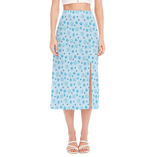 Blue Animal Paw Pattern Print Side Slit Midi Skirt