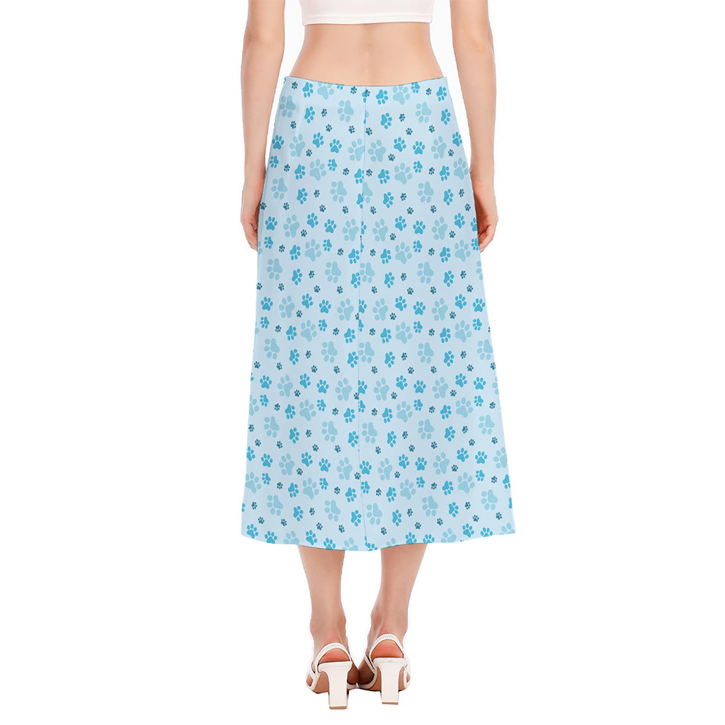 Blue Animal Paw Pattern Print Side Slit Midi Skirt