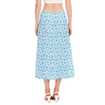 Blue Animal Paw Pattern Print Side Slit Midi Skirt