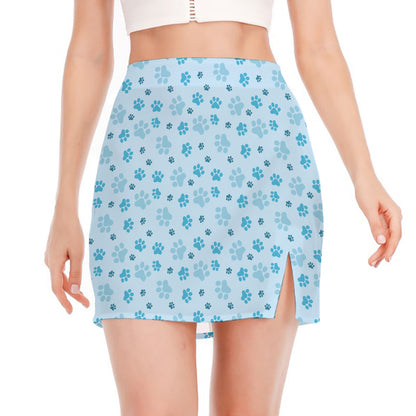 Blue Animal Paw Pattern Print Side Slit Mini Skirt