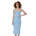 Blue Animal Paw Pattern Print Slim Fit Midi Cami Dress