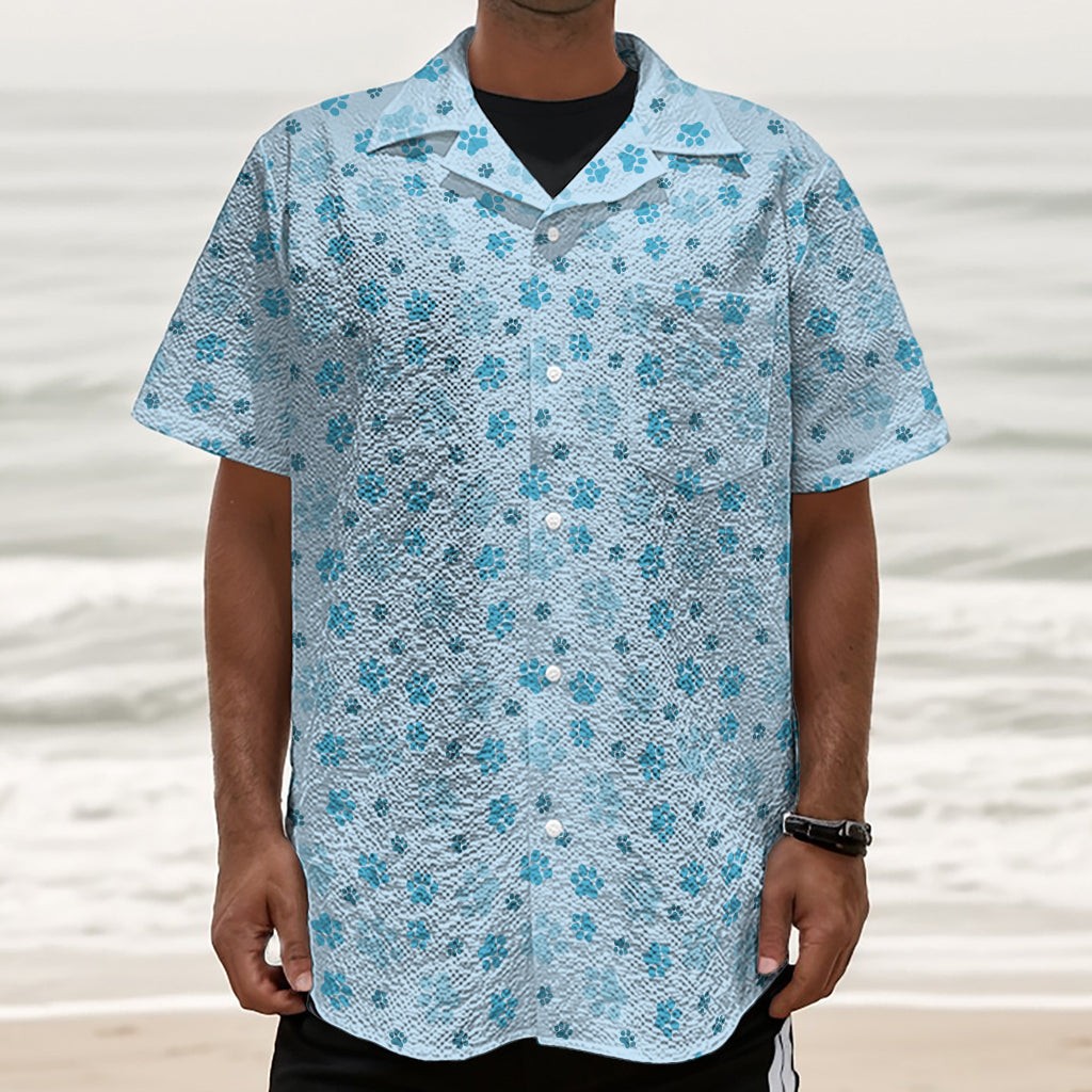 Blue Animal Paw Pattern Print Textured Short Sleeve Shirt