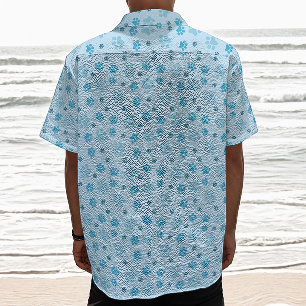 Blue Animal Paw Pattern Print Textured Short Sleeve Shirt