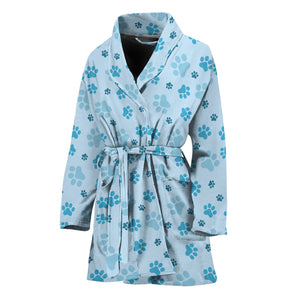 Blue Animal Paw Pattern Print Women's Bathrobe