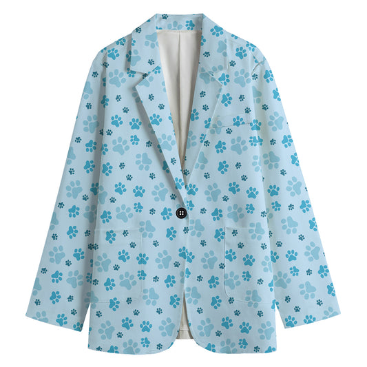 Blue Animal Paw Pattern Print Women's Cotton Blazer