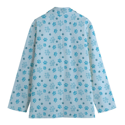 Blue Animal Paw Pattern Print Women's Cotton Blazer