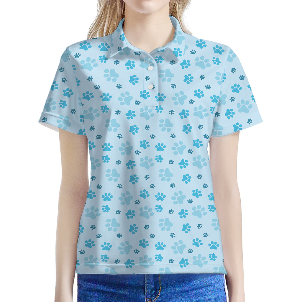 Blue Animal Paw Pattern Print Women's Polo Shirt