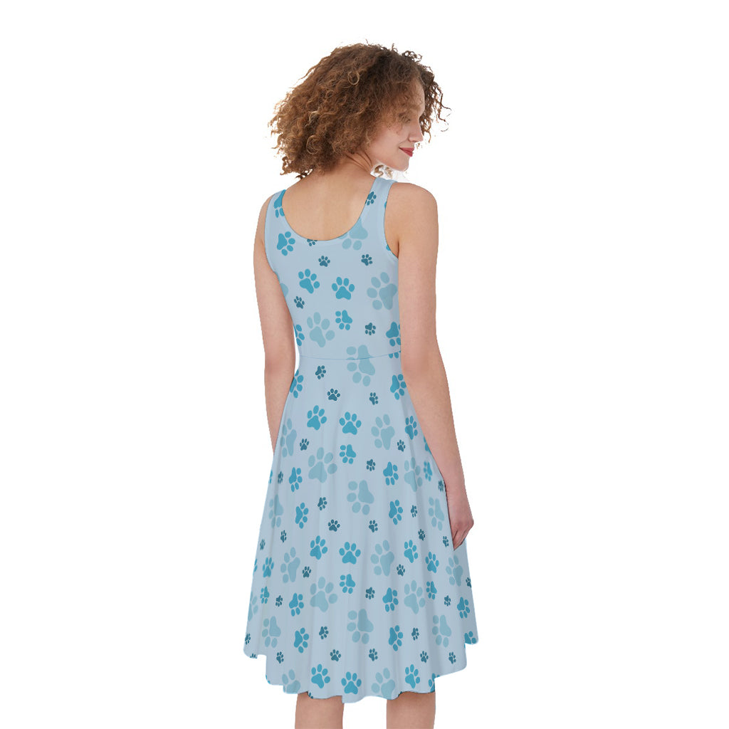 Blue Animal Paw Pattern Print Women's Sleeveless Dress