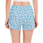 Blue Animal Paw Pattern Print Women's Split Running Shorts