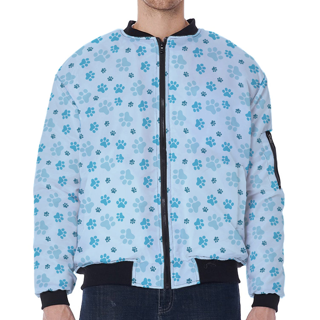 Blue Animal Paw Pattern Print Zip Sleeve Bomber Jacket
