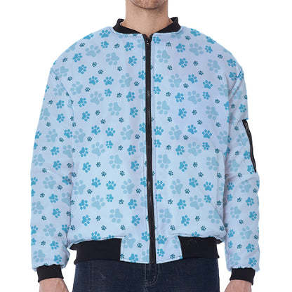 Blue Animal Paw Pattern Print Zip Sleeve Bomber Jacket