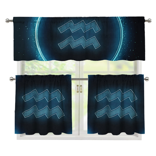 Blue Aquarius Zodiac Sign Print 3 Piece Kitchen Curtains