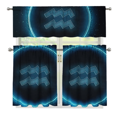 Blue Aquarius Zodiac Sign Print 3 Piece Kitchen Curtains