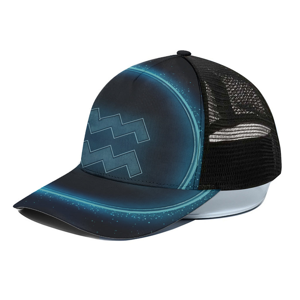 Blue Aquarius Zodiac Sign Print Black Mesh Trucker Cap