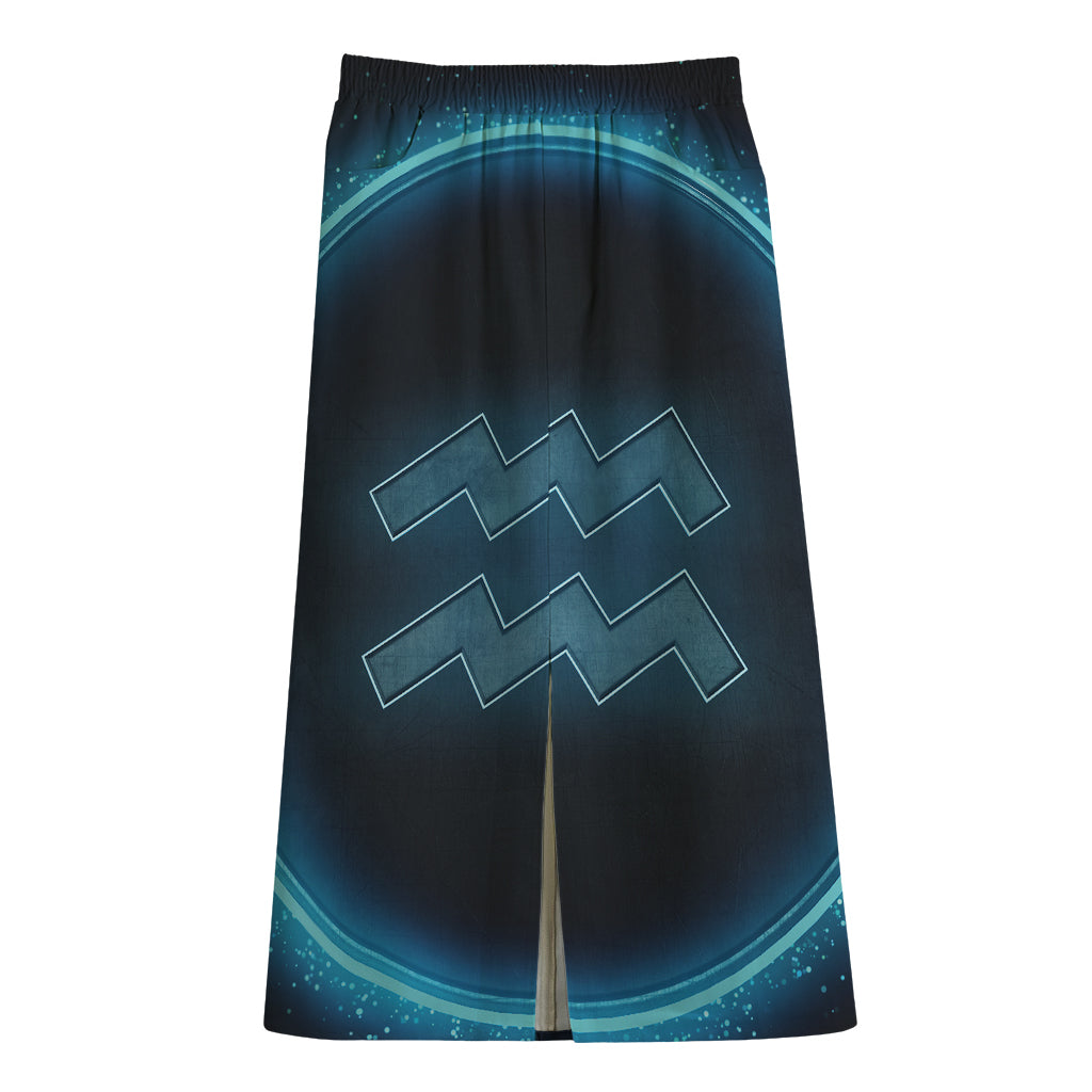 Blue Aquarius Zodiac Sign Print Cotton Front Slit Maxi Skirt
