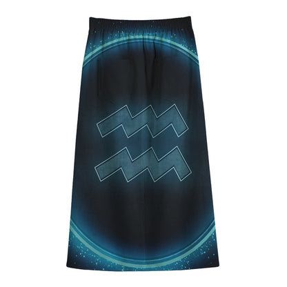 Blue Aquarius Zodiac Sign Print Cotton Front Slit Maxi Skirt