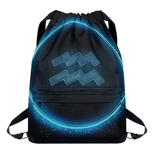 Blue Aquarius Zodiac Sign Print Drawstring Backpack
