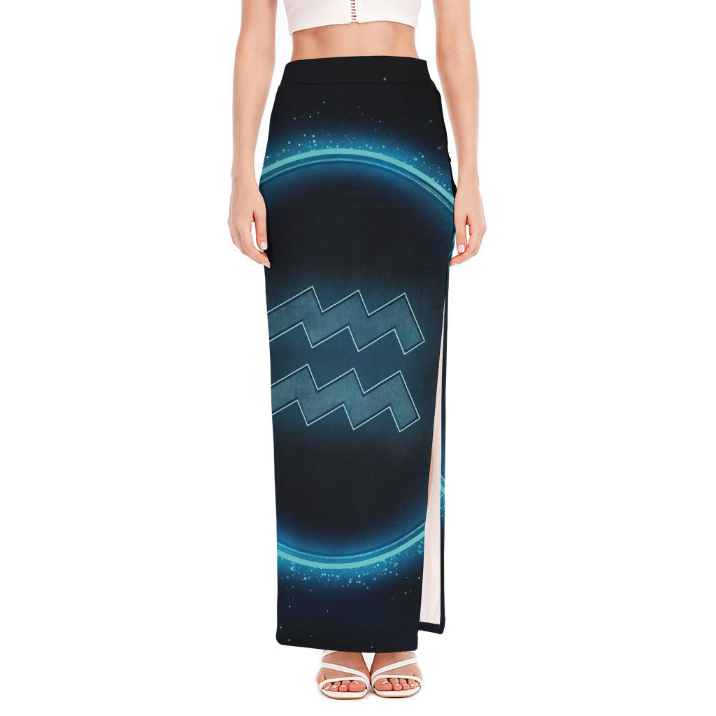 Blue Aquarius Zodiac Sign Print High Slit Maxi Skirt