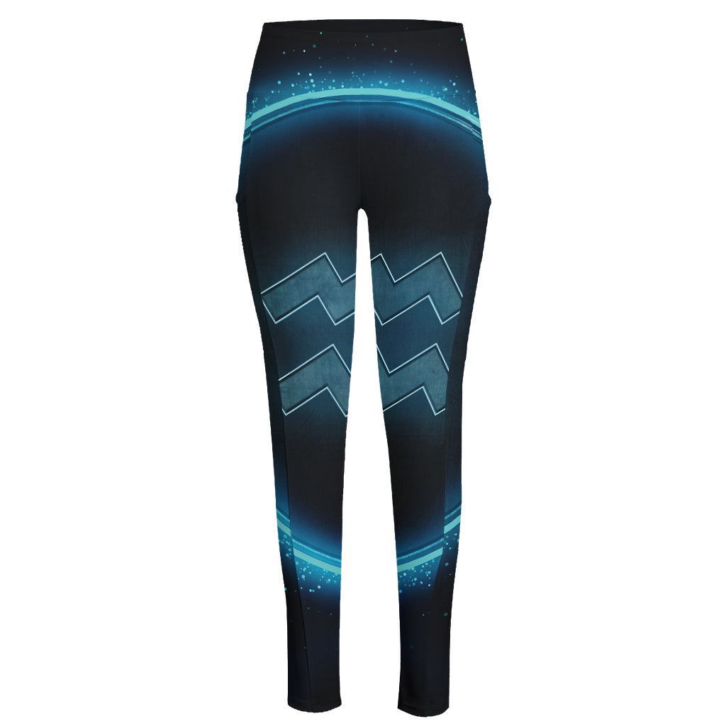 Blue Aquarius Zodiac Sign Print High-Waisted Pocket Leggings