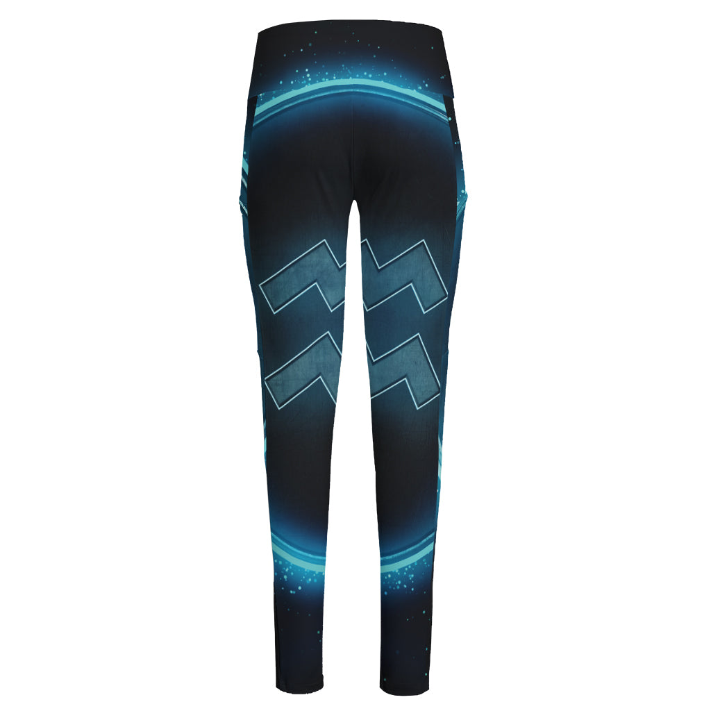 Blue Aquarius Zodiac Sign Print High-Waisted Pocket Leggings