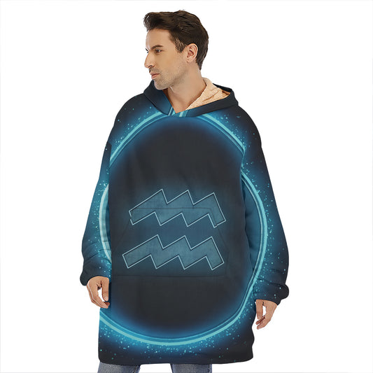 Blue Aquarius Zodiac Sign Print Hoodie Blanket