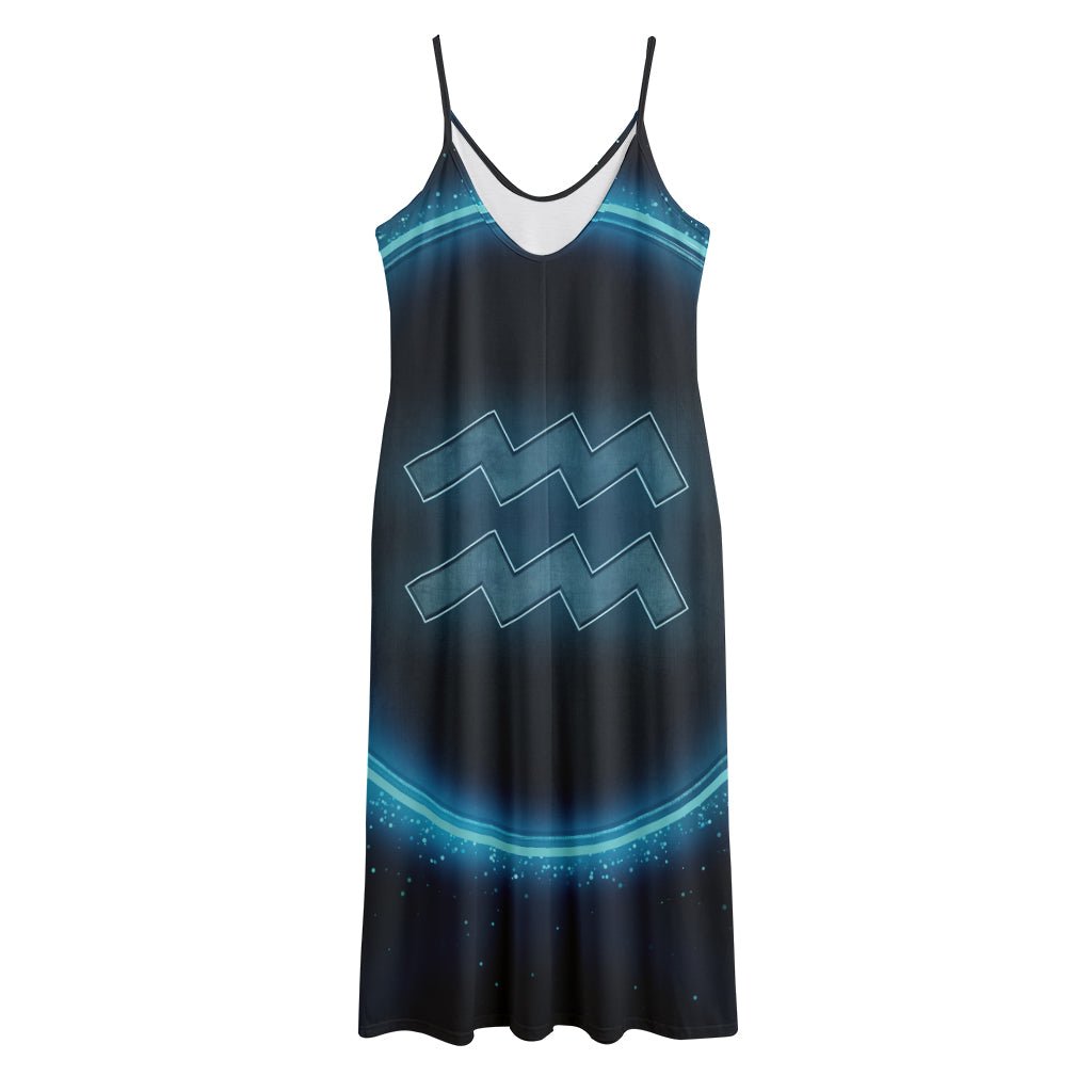 Blue Aquarius Zodiac Sign Print Jersey Midi Cami Dress