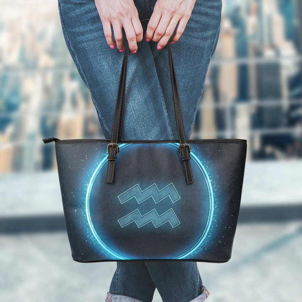 Blue Aquarius Zodiac Sign Print Leather Tote Bag