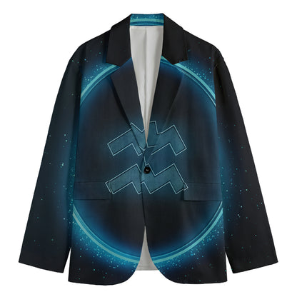 Blue Aquarius Zodiac Sign Print Men's Cotton Blazer