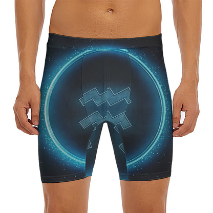 Blue Aquarius Zodiac Sign Print Men's Long Boxer Briefs
