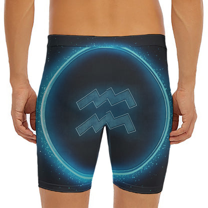 Blue Aquarius Zodiac Sign Print Men's Long Boxer Briefs