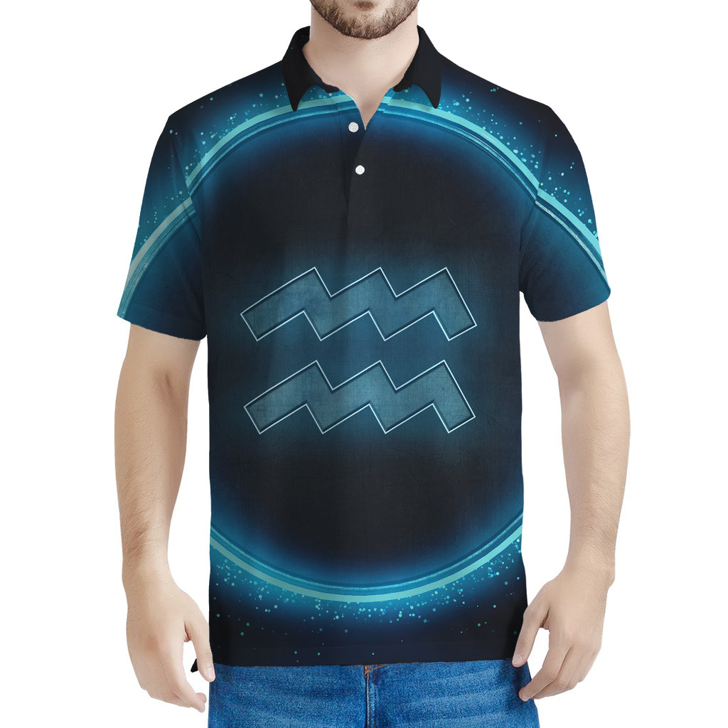 Blue Aquarius Zodiac Sign Print Men's Polo Shirt